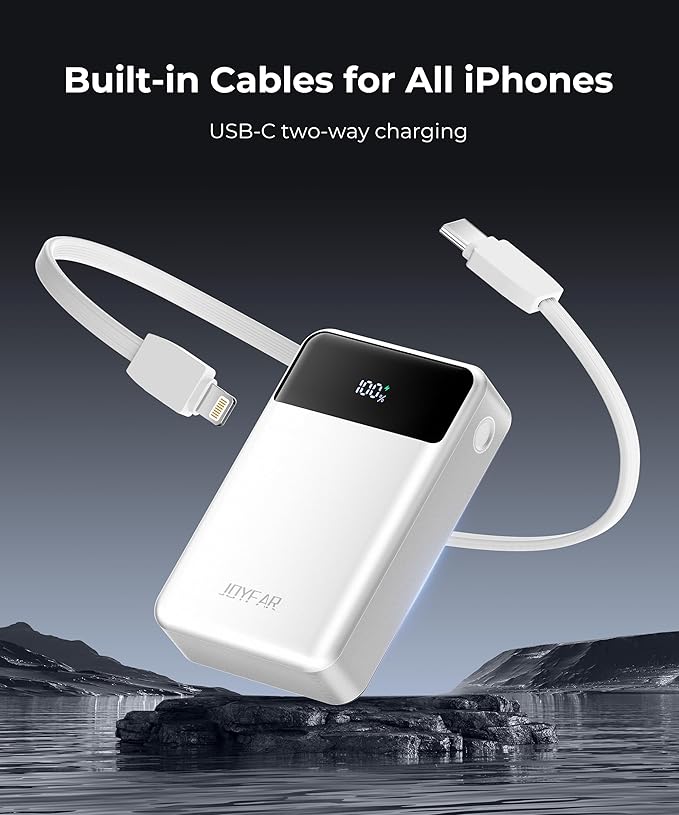 Portable-Charger-Power-Bank Travel Essentials Battery Pack USB C 30000mAh Built in Cable 22.5W Phone Fast Charging Powerbank Compatible with iPhone 16 15 14 13 12 11 iPad Samsung Google (White)