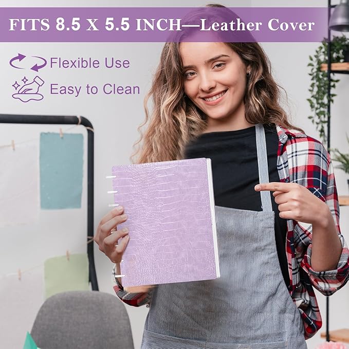 2 Pack PU Leather 5.5x8.5in Discbound Notebook Cover And Disc Set Discbound Planner Cover With 16 Pcs Expansion Discs Junior Size Disc Bound Notebook Accessories(Pink&Purple，No Inner Paper)