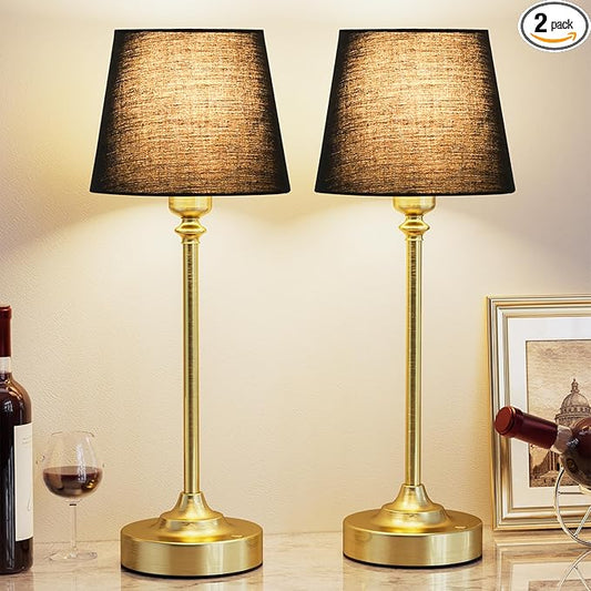Kakanuo Cordless Table Lamps Rechargeable Set - 2 Pack Brass 4000mAH Battery Operated Lamps for Decor, 3000K Stepless Dimming Touch Wireless Lamp for Bedroom, Dining Table, Living Room, Black Shade