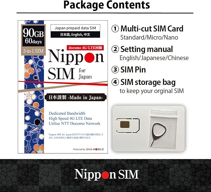 Japan SIM Card 60 Days Data Only | 90GB High-Speed 4G LTE | No Roaming Needed for Faster, Safer Access | Hotspot tethering Supported | Docomo Network | Made in Japan