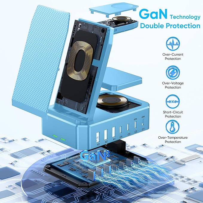 300W Charging Station for Multiple Devices Apple, Zutspzss 10 in 1 Wireless Charger for iPhone 16, GaN III USB C 65W PD Fast Charging Stand Dock for Apple Watch&Airpods,Blue