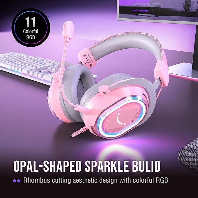 FIFINE Wired RGB Gaming Headset, PC Over-Ear Streaming Headset with USB, 7.1 Surround Sound, Noise-Cancelling Mic, Soft Ear Pads, 4 EQ Modes for PC, Laptop, Mac, PS4, PS5 - AmpliGame H13P (Pink)