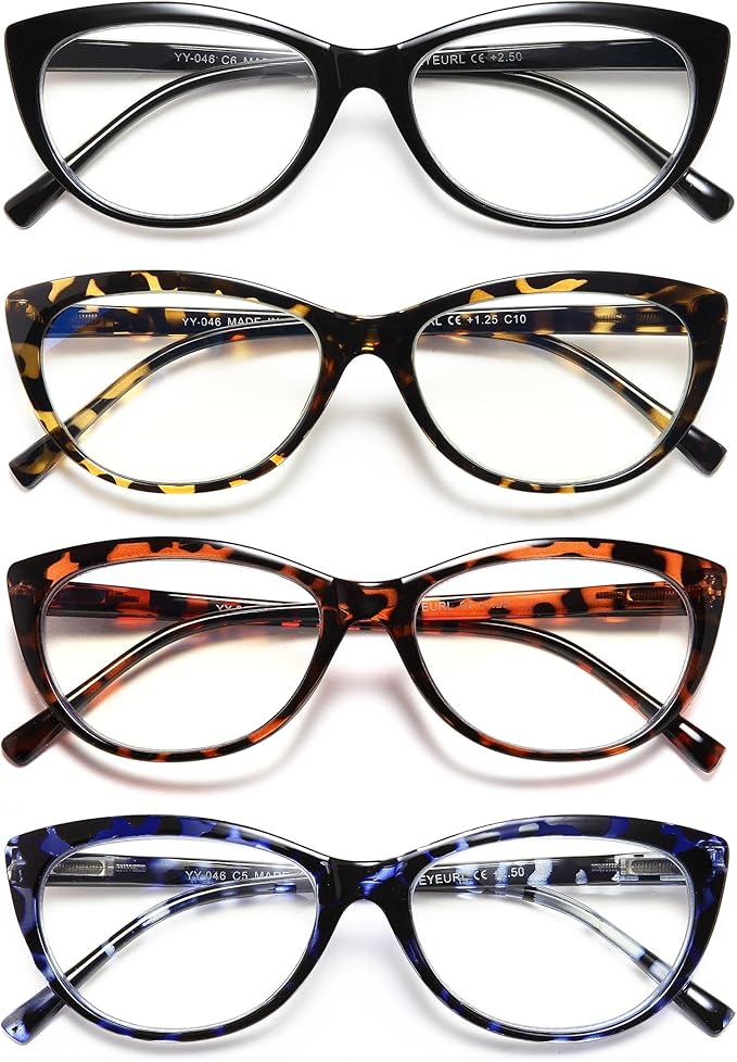 EYEURL 4 Pack Cat Eye Reading Glasses for Women Blue Light Blocking Readers Lightweight Spring Hinge Anti Eyestrain UV Fashion Eyeglasses +2.25