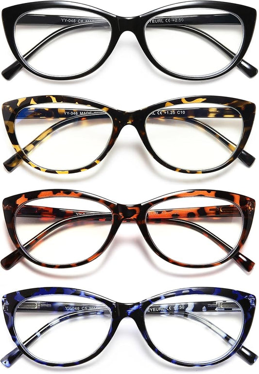 EYEURL 4 Pack Cat Eye Reading Glasses for Women Blue Light Blocking Readers Lightweight Spring Hinge Anti Eyestrain UV Fashion Eyeglasses +0.0