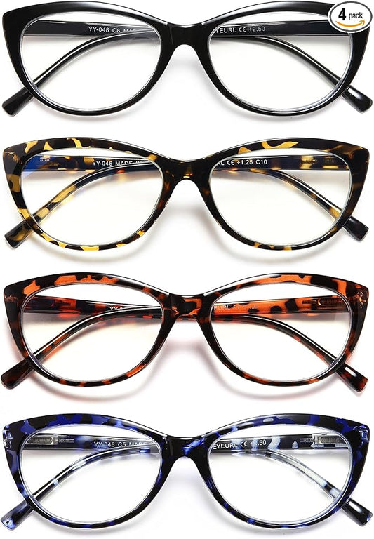 EYEURL 4 Pack Cat Eye Reading Glasses for Women Blue Light Blocking Readers Lightweight Spring Hinge Anti Eyestrain UV Fashion Eyeglasses +1.25