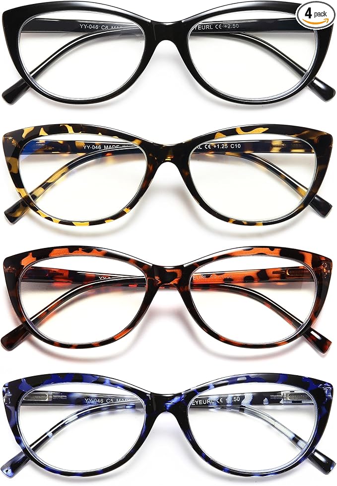 EYEURL 4 Pack Cat Eye Reading Glasses for Women Blue Light Blocking Readers Lightweight Spring Hinge Anti Eyestrain UV Fashion Eyeglasses +2.0