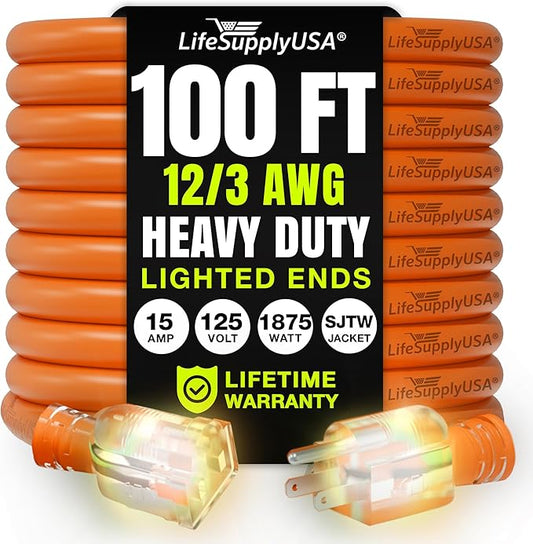 100ft Outdoor/Indoor Extension Cord 12/3 Gauge Extra Heavy Duty 3 Prong SJTW, Waterproof, Flexible Cold-Resistant Long Power Cord,15A 125V 1875W, Orange by LifeSupplyUSA