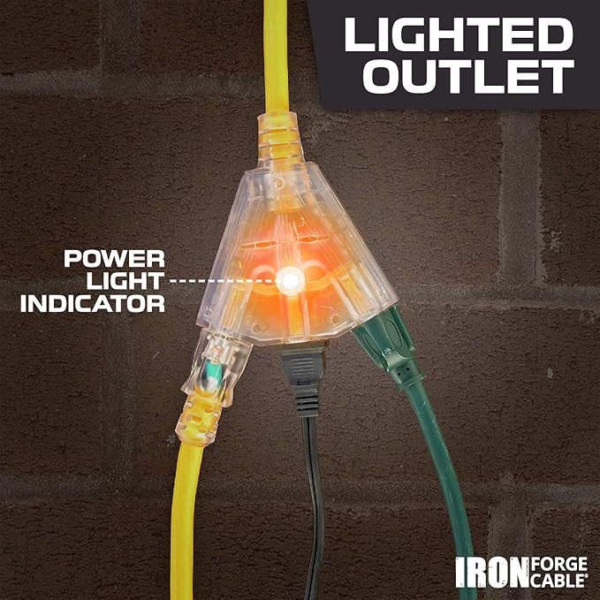 IRON FORGE CABLE 25 Foot Lighted Outdoor Extension Cord with 3 Electrical Power Outlets - 12/3 SJTW Heavy Duty Yellow Extension Cable with 3 Prong Grounded Plug for Safety, 15 AMP