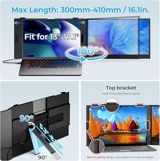 Laptop Screen Extender Ultra-Thin, 14" FHD 1080P Dual Portable Monitor for Laptop, 1.3lbs Lightweight Travel Monitor Extender Fit 13”-17.3”, Plug and Play for Windows/Mac/Android/Chrome