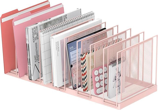9-Section Desk File Organizer, Vertical File Holder, Mesh Desktop File Folder Metal File Organizer Stand for Office Home Classroom, Pink