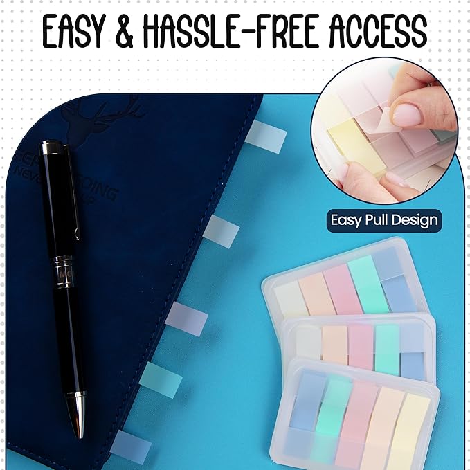Essex Wares - 300 Pieces - Transparent Sticky Notes Tabs with Case - 5 Muted Colors - 3 Cases - 1.8" x 0.4" - 60 Pieces Each Color - Pop Up Index Tabs - Book Flags for Annotating - Book Sticky Tab