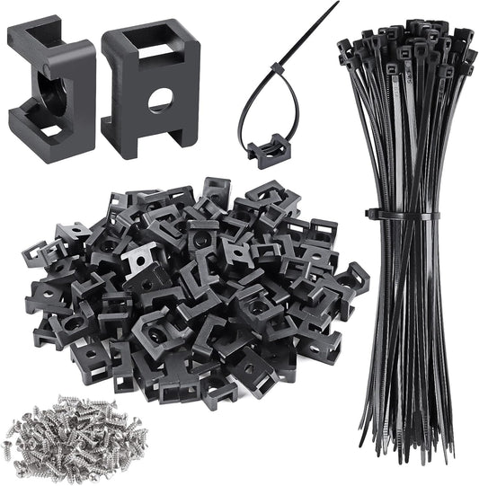 XHF 100 Pcs Cable Zip Tie Saddle Type Mounts Base with 100 Pcs 8" Cable Ties and 100 Pcs Tapping Screw, Wire Cable Clips Organizer Holders Clamps Black