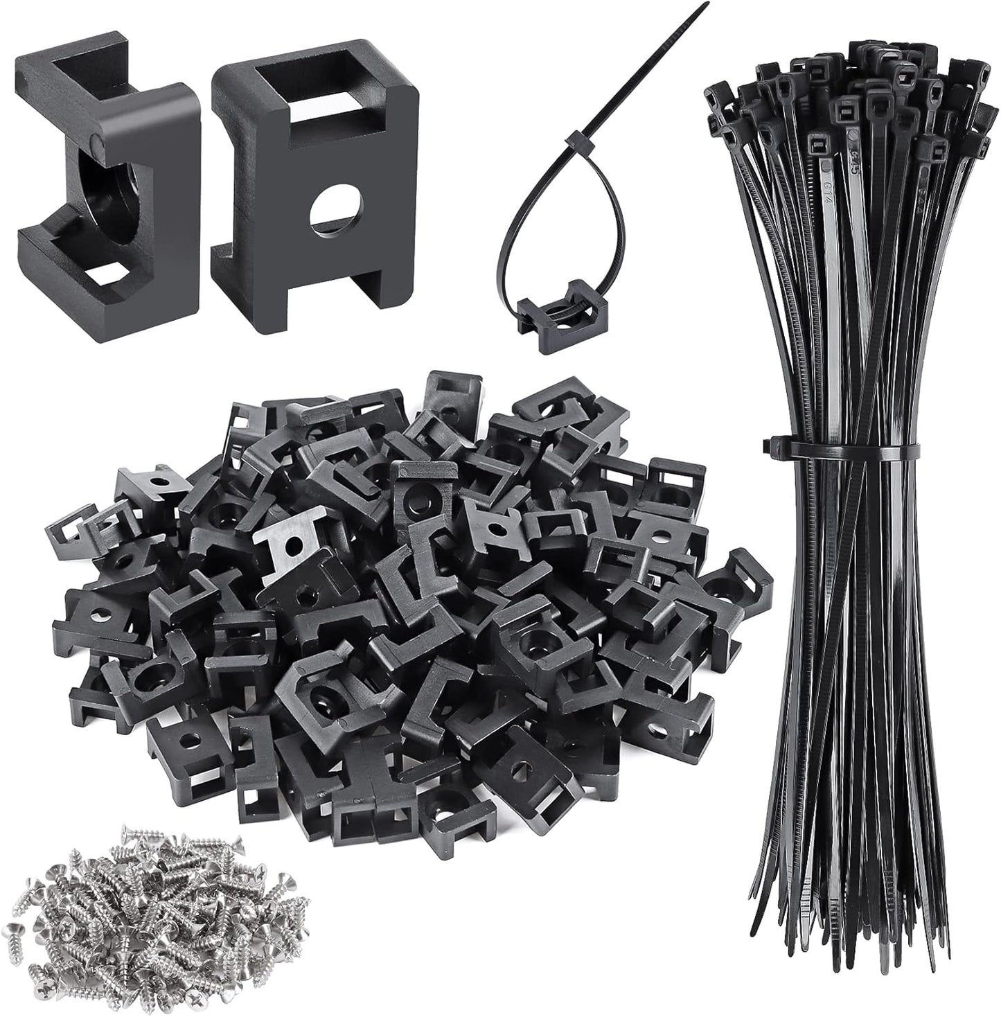 100 Pcs Cable Zip Tie Saddle Type Mounts Base with 8" Cable Ties Tapping Screw, Wire Cable Clips Organizer Holders Clamps Black