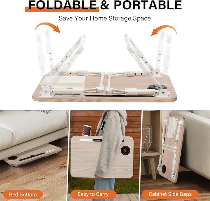 Laptop Desk for Bed Height Adjustable, Lap Bed Table with USB/Storage Drawer/Cup Holder/Tablet Stand/Book Shelf, Foldable Breakfast Tray Portable for Reading Writing, Sofa & Floor, Glacier