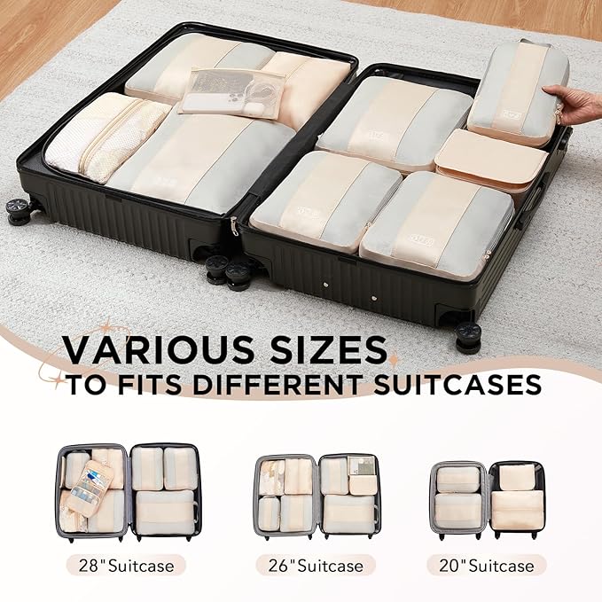 10 Set Compression Packing Cubes for Travel Women Mom,OlarHike Luggage Clothes Storage Gifts for Travelers,Airplane/Cruise/Car/Train Travel Essentials,Compressible Expandable Saver Space Bags(Beige)