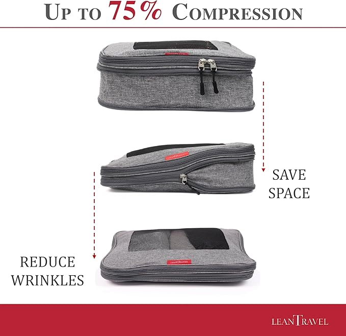 LeanTravel Compression Packing Cubes for Travel Organizers with Double Zipper (6-Pack (2L+2M+2S), Grey)