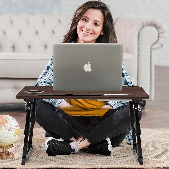 Laptop Desk for Bed Height Adjustable, Lap Bed Table with USB/Storage Drawer/Cup Holder/Tablet Stand/Book Shelf, Foldable Breakfast Tray Portable for Reading Writing, Sofa & Floor, Walnut