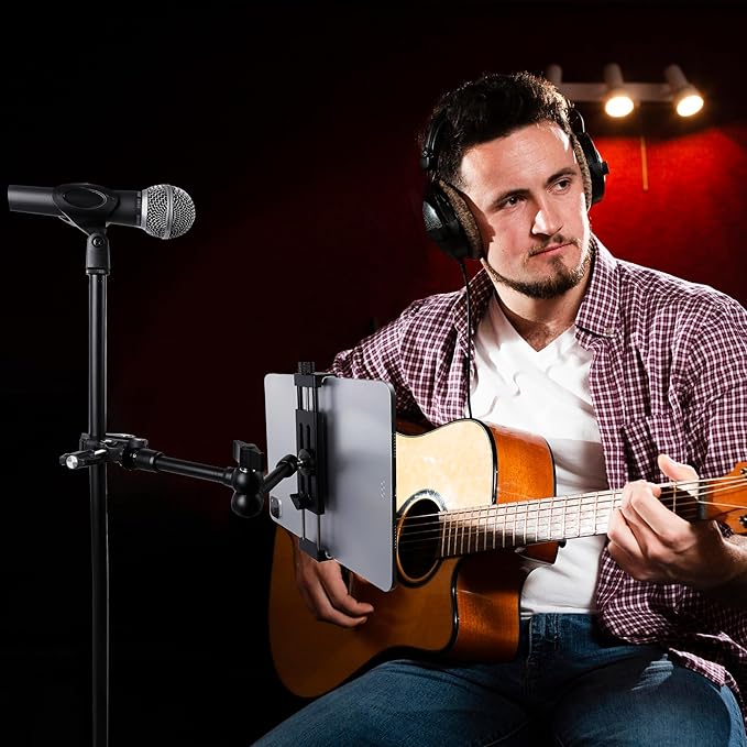 All-Aluminium tablet Holder Bike Handlebar Mount Clamp for Stationary Bicycle Spin Bike Stroller, Tablet Holder for Microphone Stand and Mic Music Stand, Compatible with iPad, iPhone, 4.7-15" Devices