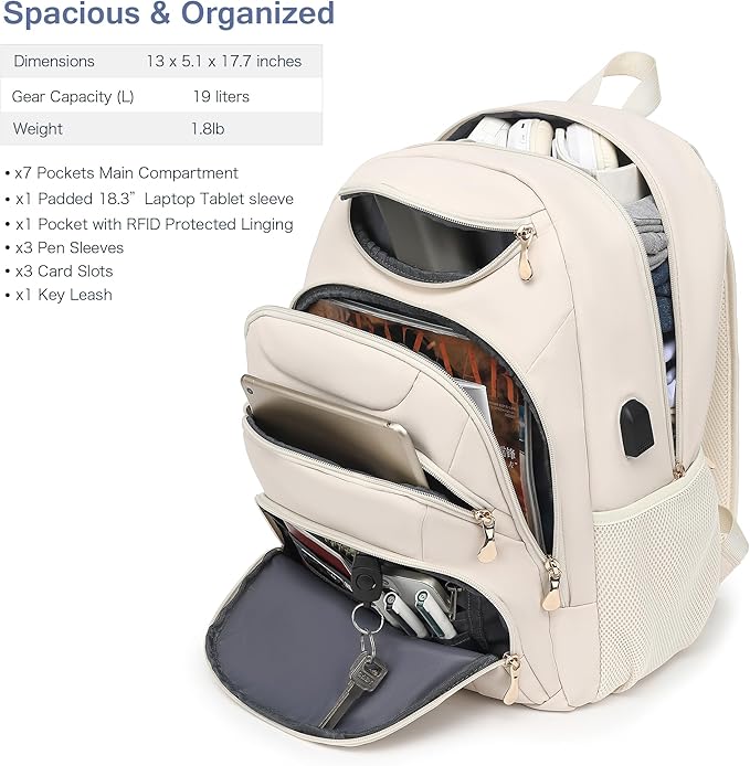 Boavan Laptop Backpack for women,15.6 inch Laptop Bag with USB Port, Waterproof Travel Work Backpack Purse, Anti-Theft Teacher Nurse Doctor Casual Bookbags Office Business backpack，Cream Beige