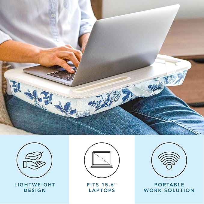 LAPGEAR Designer Lap Desk 2-Pack with Storage Basket, Phone Slot & Device Ledge – Blue Blossoms – Fits Laptops up to 15.6" – Style No. 70433