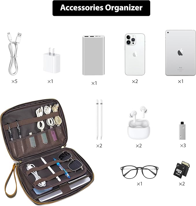 LANNSYNE Full Grain Leather Electronic Organizer Accessory Travel Tech Pouch, Cable Accessories Bag, Storage Carry Case for Charger, Phone, Power Bank, Cables