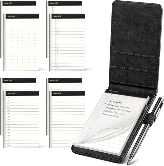 WEMATE 10 Pieces Small Notepad Holder Set Pocket Notebook - Included Mini Pocket Notepad Holder Set with 8 Memo Book Refills and Metal Pen for Meetings, Daily Records, and Notes 3 x 5 Inch (Black)