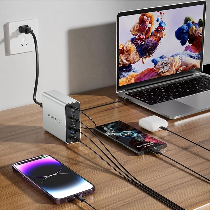 Aluminum Alloy USB C Charger GaN Fast USB C Charging Station 7 Ports 65W Laptop Charger for MacBook Pro/Air/iPad Pro/iPhone (Silver-4C3A)