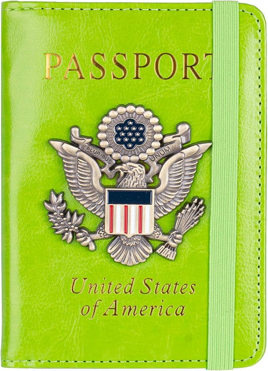 TOURSUIT RFID Blocking Passport Holder for Women Men, Leather Passport Travel Wallet with Metal 3D Metal Badge, Travel Document Holder Cover Accessories (Green)