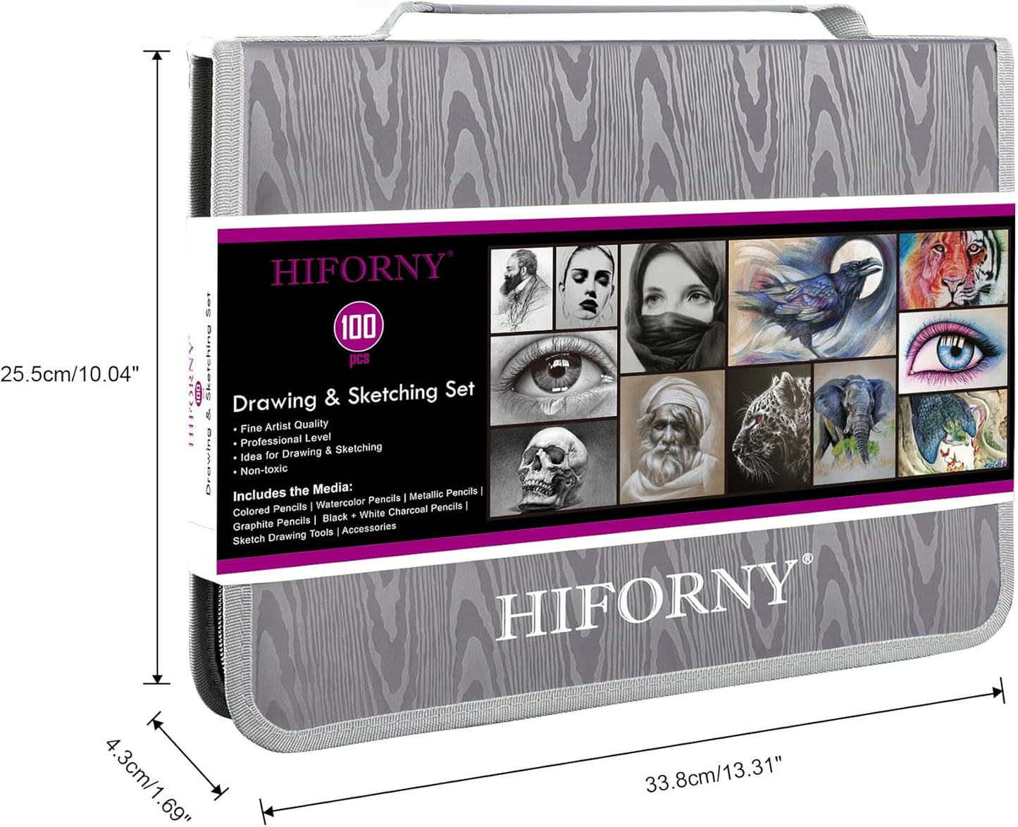HIFORNY 100 PCS Drawing & Sketching Set, Professional Art Supplies with Graphite,Charcoal, Colored,Watercolor,Metallic Pencils,Blending Tools,Sketchbook and Coloring Book in Zipper Case (Grey)
