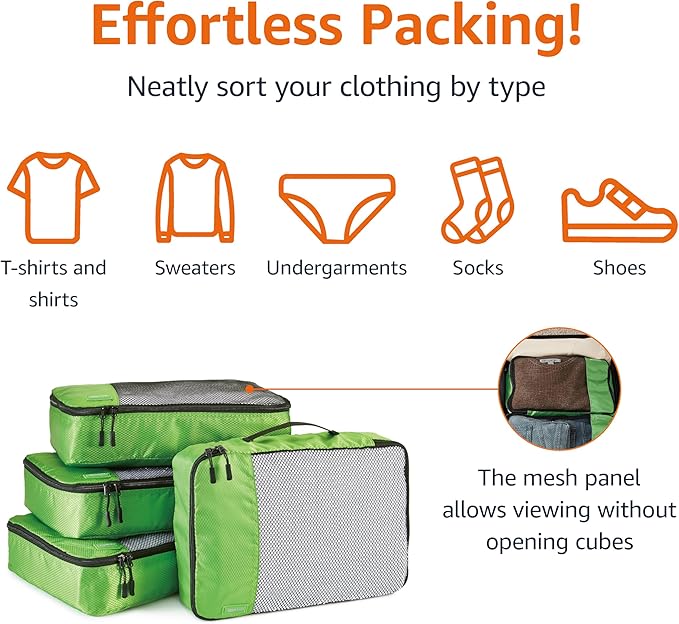 Amazon Essentials 4-Piece Packing Cubes Travel Accessories Set, Luggage Organizer with Double Zipper, Mesh Top, 100% Polyester, Medium, Green (Previously Amazon Basics)