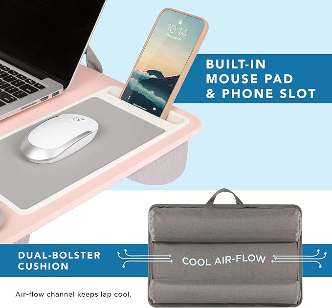LAPGEAR Home Office Pro Lap Desk with Wrist Rest, Mouse Pad, and Phone Holder - Pink - Fits up to 15.6 Inch Laptops - Style No. 91604