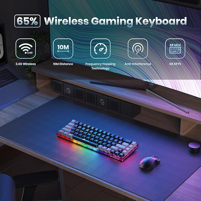 65% Wireless Gaming Keyboard, Rechargeable Backlit Gaming Keyboard, 68 Keys Ultra-Compact Anti-ghosting No-Conflict Wireless Keyboard for PC Laptop Windows Gamer(Black-Grey)