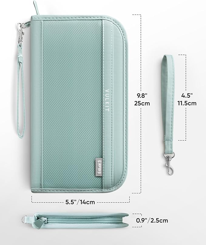 VULKIT Passport Wallet Passport Family Holder RFID Blocking Travel Card Organizer with Wrist Strap for Men or Women(Green)
