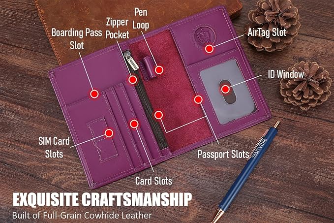 STAR VISTA Phoenix Leather Passport Holder, Calfskin Leather Travel Wallet - RFID Blocking, ID Window, Zipper Pocket, Pen & Notebook Included, AirTag Holder, Violet
