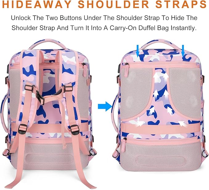 Travel Backpack 42L Carry on Backpack Flight Approved Expandable Travel Backpack Carry on Backpack Luggage Daypack (Pink Camouflage)