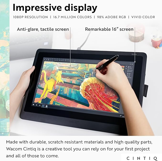 Wacom Cintiq 16 Drawing Tablet with Screen, 15.4" Full HD Display Graphic Arts Tablet Includes Pro Pen 2 w/ Tilt Response, Graphic Design Animation Display Pad for Mac, PC