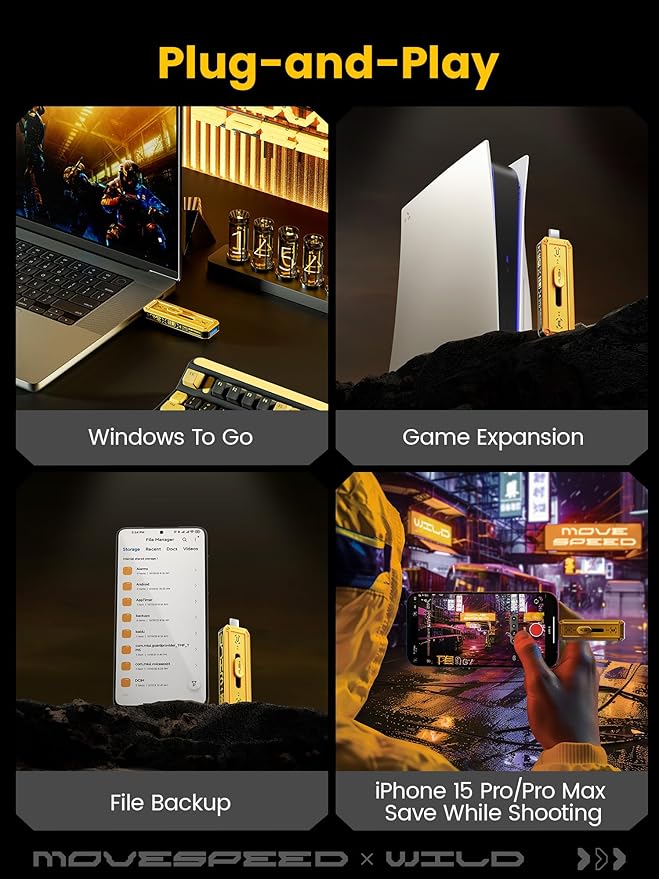 MOVE SPEED 1TB External SSD 1000MB/s Read Write Speed,USB 3.2 Gen2+USB C Flash Drive with Dual Ports, Portable SSD 3-Stage Push-Pull Design, Thumb Drive for iPhone 15/16/17 Series/Mac/Android