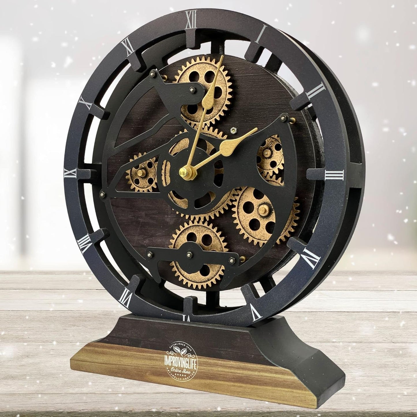 The Gears Clock Desk Clock 10 inches with Real Moving Gears Convertible into Wall Clock (Vintage Black)