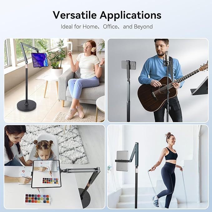 Tablet Floor Stand, Angle& Height Adjustable iPad Floor Stand, 2025 Dual-Device iPad & Phone Mount, 360°Tablet Holder for Live Streaming, Overhead Shots & Multi-Angle Recording (4.7"-13")