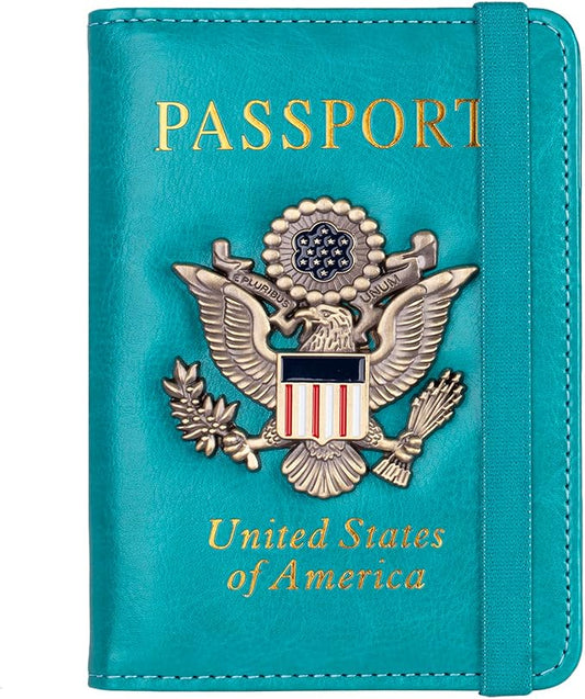 TOURSUIT RFID Blocking Passport Holder for Women Men, Leather Passport Travel Wallet with Metal 3D Metal Badge, Travel Document Holder Cover Accessories (Light Blue)