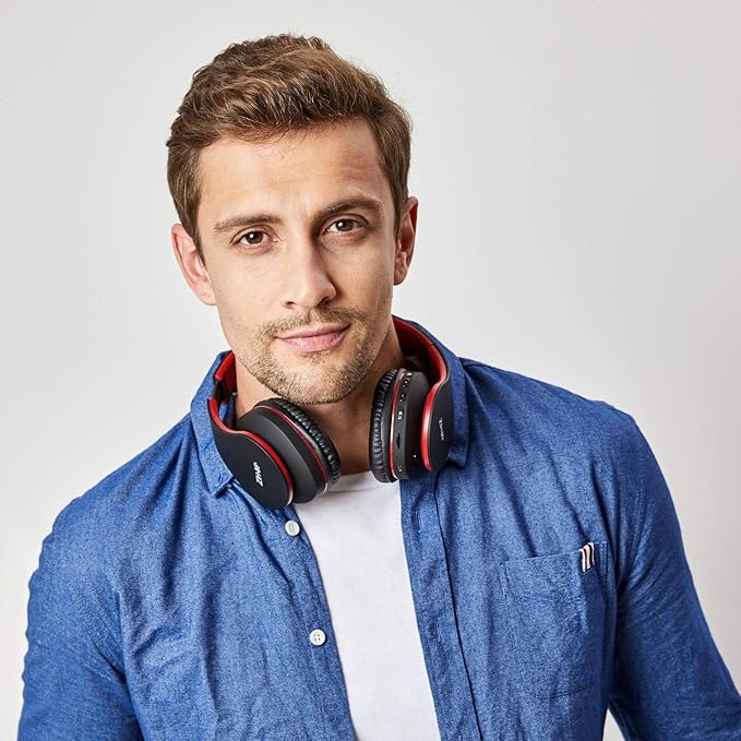 ZIHNIC Bluetooth Headphones Over-Ear, Foldable Wireless and Wired Stereo Headset Micro SD/TF, FM for Cell Phone,PC,Soft Earmuffs &Light Weight for Prolonged Wearing (Black/red)