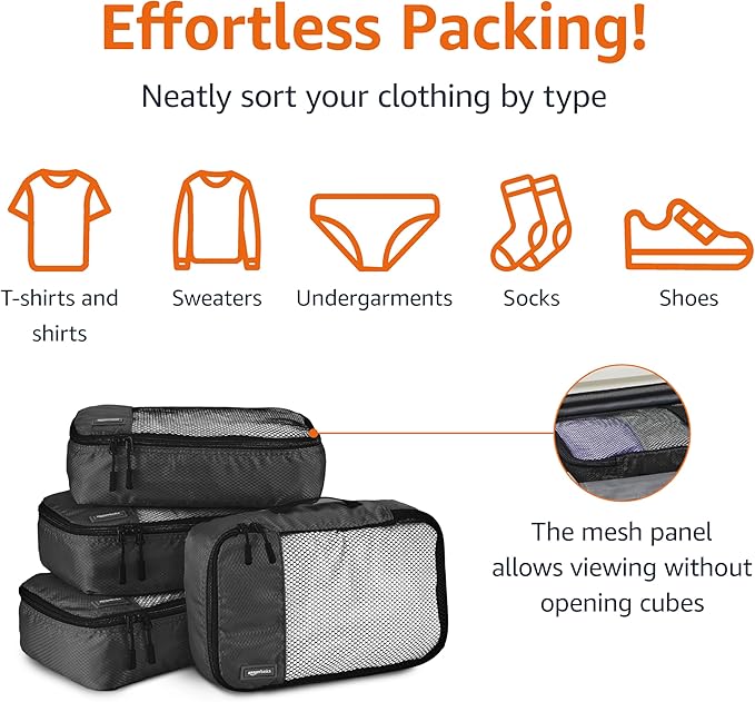 Amazon Essentials 4-Piece Packing Cubes Travel Accessories Set, Luggage Organizer with Double Zipper, Mesh Top, 100% Polyester, Small, Black (Previously Amazon Basics)