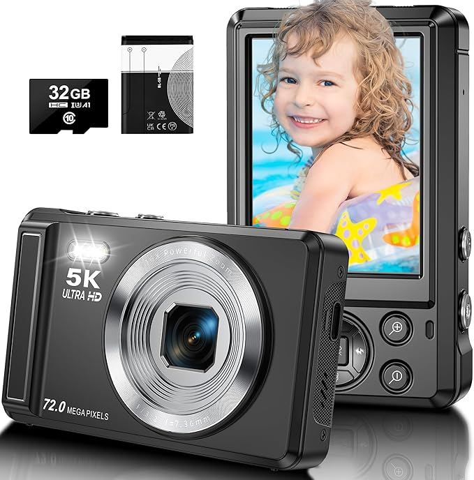 5K Digital Camera, 72MP Digital Cameras for Photography, UHD Autofocus Point and Shoot Compact Camera with Flash for Kids, Small Portable Vlogging Camera for YouTube with 2.8" Screen, 16X Zoom