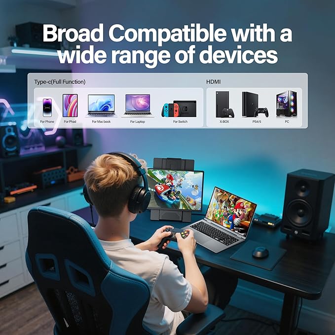 Laptop Screen Extender 16.1", 1920 * 1200 Portable Monitor with Detachable Frameless Display- 360° Rotatable Magnetic Stand, Dual Screen Plug & Play, Extra Monitor for Windows/Mac/Linux/Android