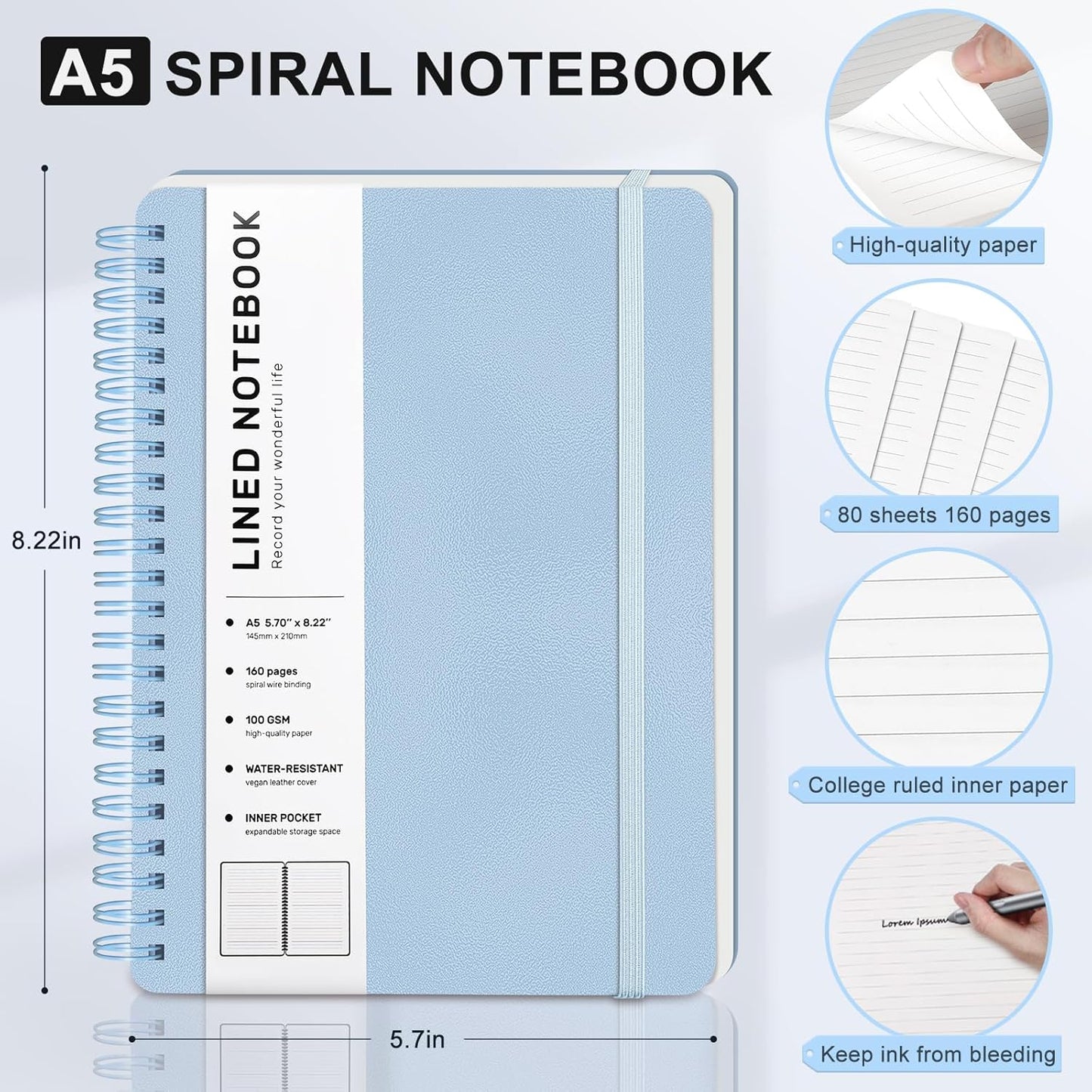 Lined Spiral Journal Notebook, A5 Hardcover Leather Notebook for Work, 5.7''×8.2'', 100GSM Thick Paper Spiral Bound Journaling Notebook for Women Men Office School Note Taking Business, Morandi Blue