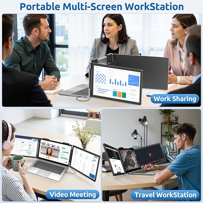 Dual Laptop Screen Extender, 14" 1080P IPS Portable Triple Monitor for 14-16.5" Laptops with USB-C Port, Plug and Play, Attachment Screen for Windows/Mac/Android/Switch/PS5/Xbox