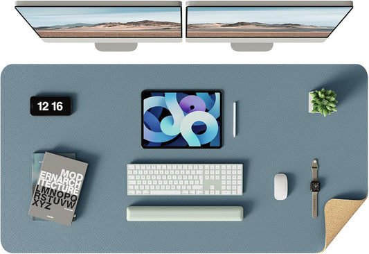 YSAGi Double-Sided Desk Pad, Leather Desk Mat, Eco Cork Desk Pad Protector, Large Mouse Pad for Desk, Waterproof Desk Blotter Pad, Desk Writing Pad for Office Work/Home(Cork+Blue Grey, 47.2" x 23.6")
