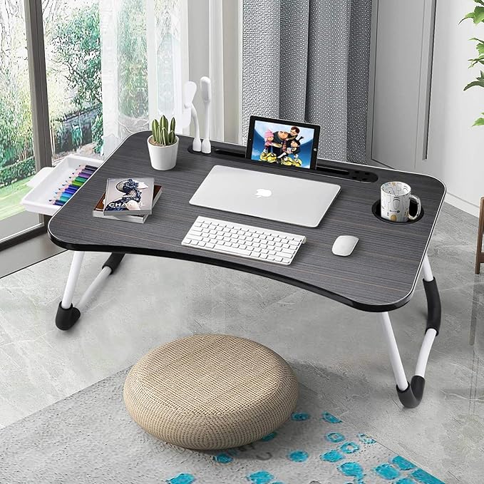 Slendor Lap Desk with Tablet Slot, Foldable Laptop Table with Storage Drawer for Bed，Portable Bed Desk for Laptop, Computer Tray with Cup Holder Notebook Stand Reading Holder for Couch Floor, Black