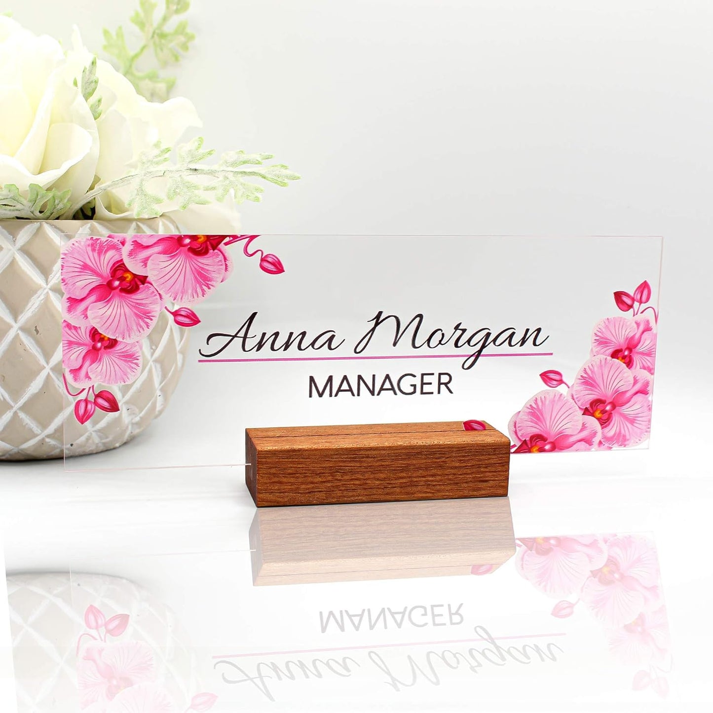 Personalized Name Plate for Desk Nameplate Sign Modern Office Business Decor Executive Desk Name Plate Desk Name Sign Flower Floral Green Leaves Metallic foil (8"x3") (Orchid)