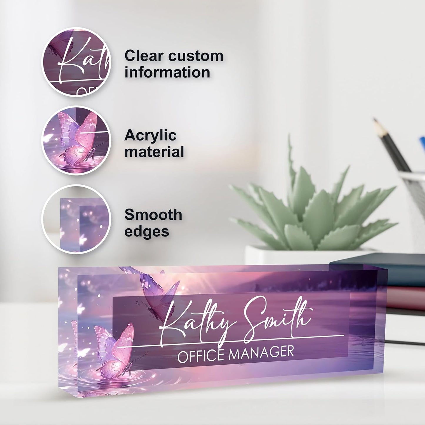 Personalized Name Plate for Desk, Custom Desk Name Plate, Acrylic Name Plate Office Desk Accessories, Personalized Office Gifts for Coworkers Teachers, Employee Appreciation Gifts (Pink Butterfly)